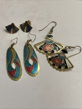 Bundle of Gold-Tone Cloisonné Enamel Fan Drop Earrings - Women's Jewelry